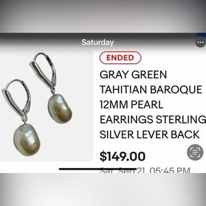 Tahitian Grey Green Baroque 12mm Pearl Drop Sterling Silver Earrings